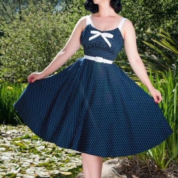 Pinup Couture Dresses & Skirts - Pinup Couture Polka Dot Fit and Flare Dress XL Navy Blue White 1950s Rockabilly